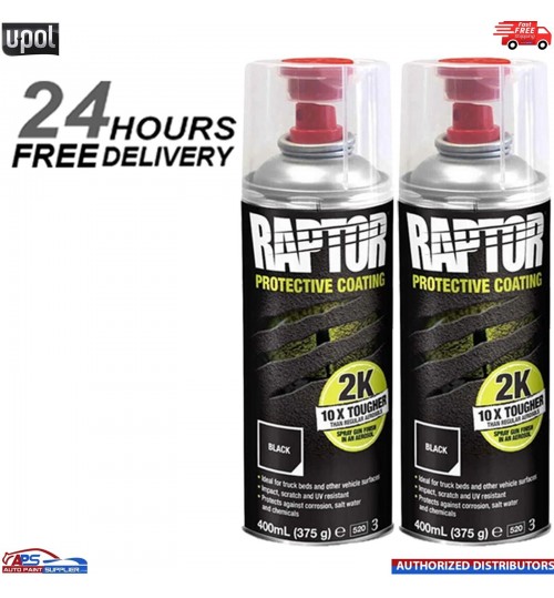 2X UPOL RAPTOR 2K TOUGH BED LINER U-POL PROTECTOR 400ML AEROSOL - BLACK